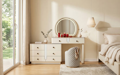 Aurora Taupe Vanity Desk with Oval LED Mirror & Glass Display