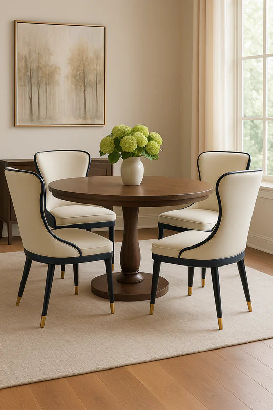 Back view of elegant two-tone cream and navy PU leather dining chair with flared backrest and black legs with gold tips