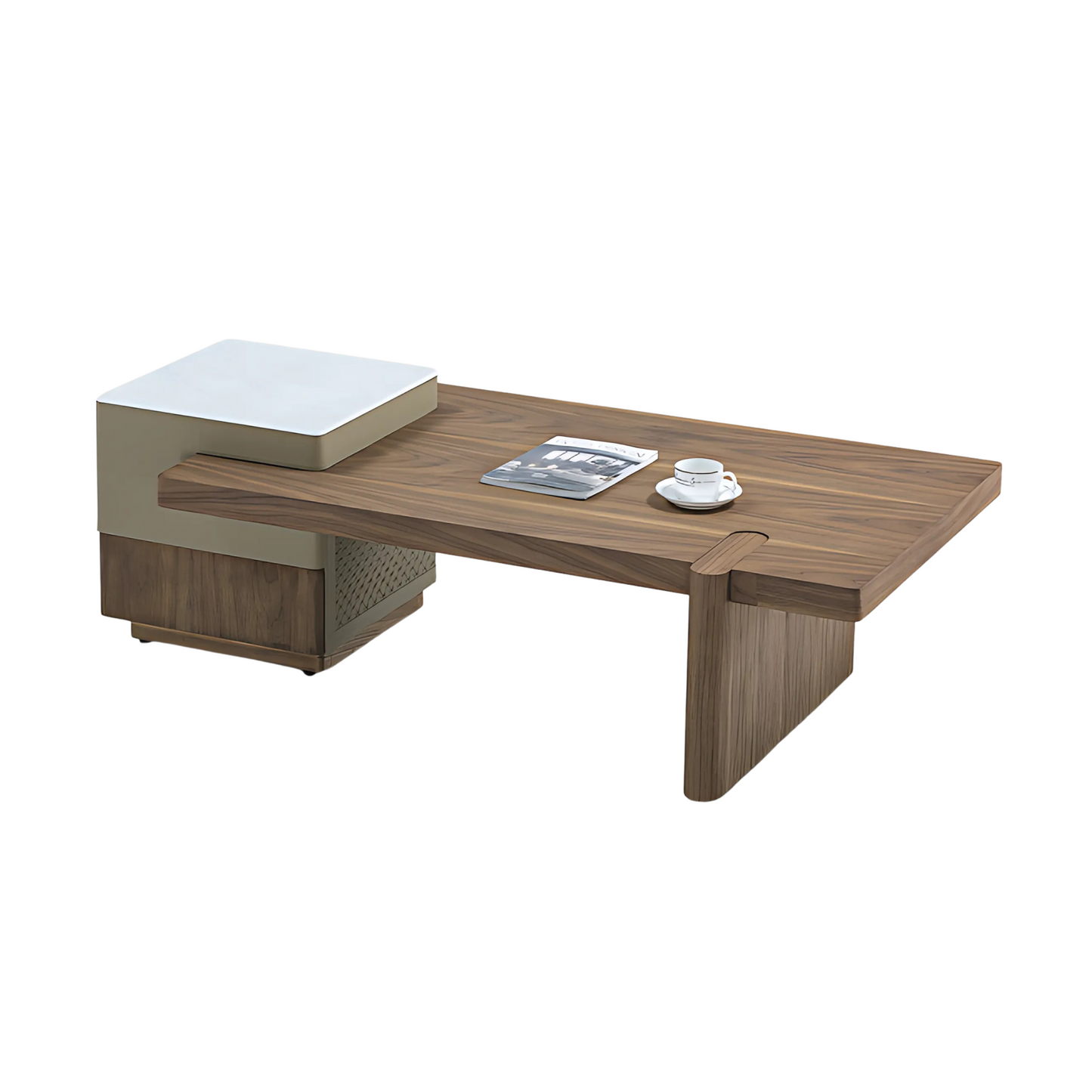 Wooden coffee table with a book, magazine, and cup on a white background