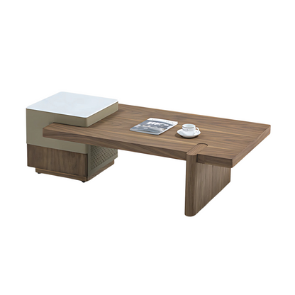 Wooden coffee table with a book, magazine, and cup on a white background