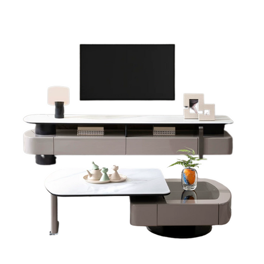 Modern living room furniture set with TV stand and coffee table on a white background