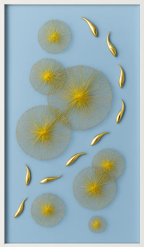 Close-up of golden thread and metallic leaf detailing in modern 3D wall art