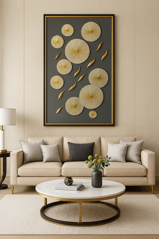 Close-up of gold leaf and disc detailing in modern wall art