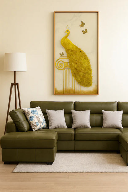 Dual wood and metal frame golden peacock wall art for modern interiors
