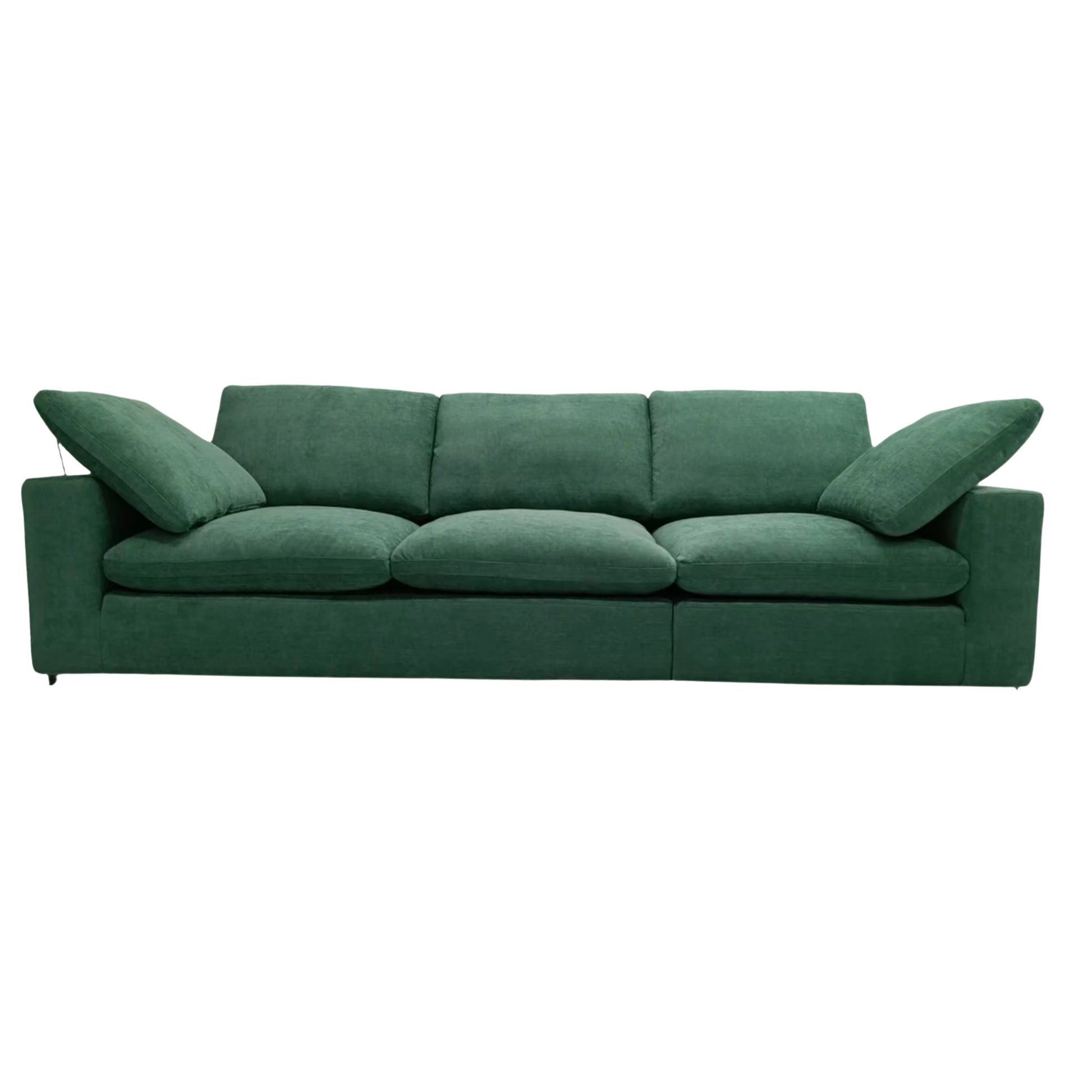 Green sofa with three cushions on a white background