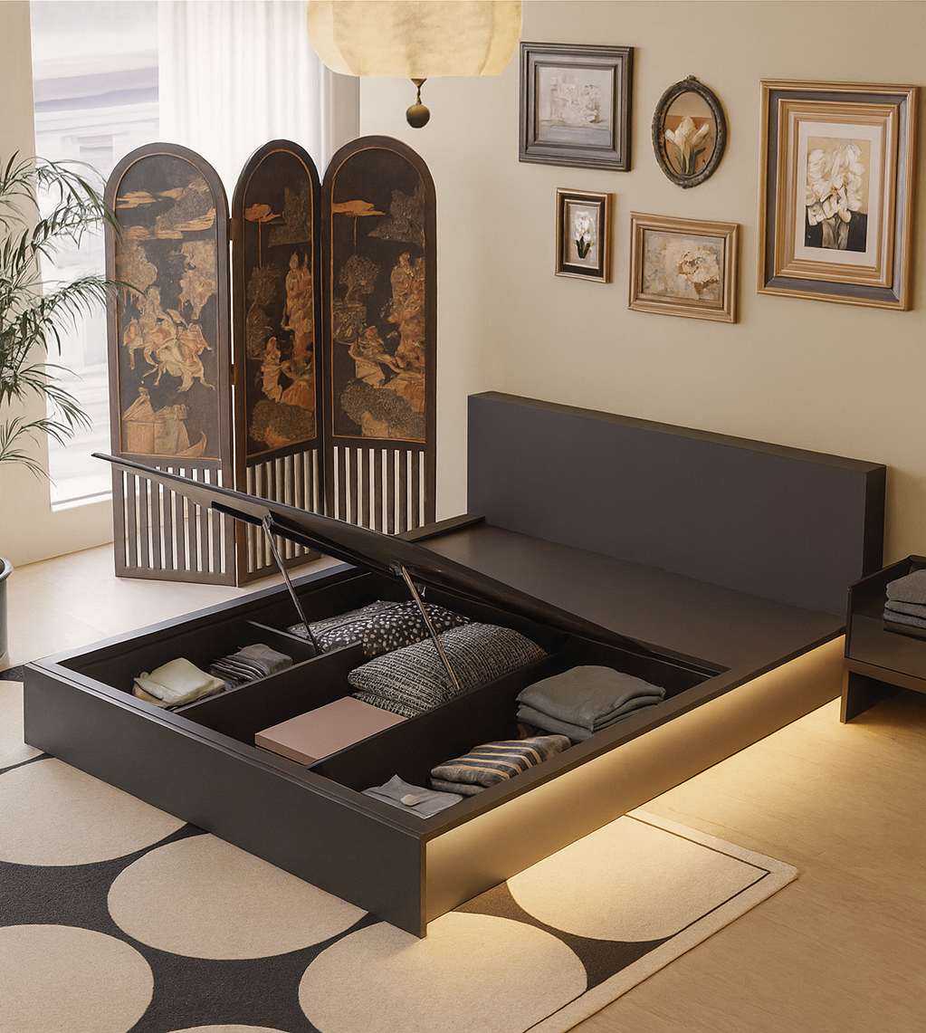 Modern matte black hydraulic lift storage bed with LED lighting and tall headboard