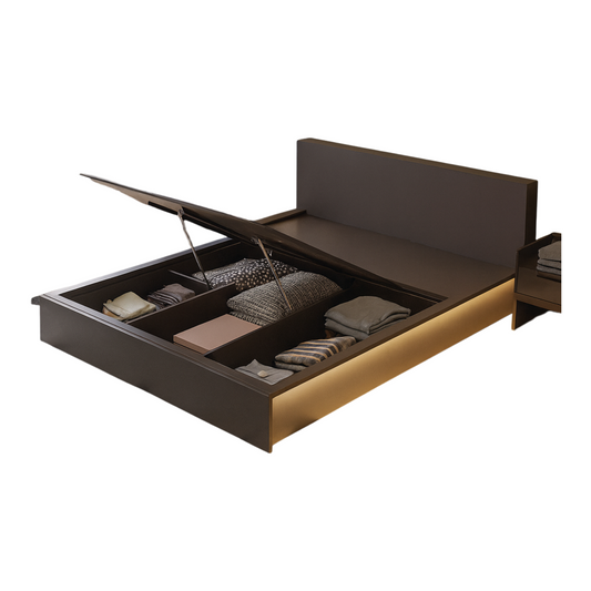 Modern matte black hydraulic lift storage bed with LED lighting and tall headboard