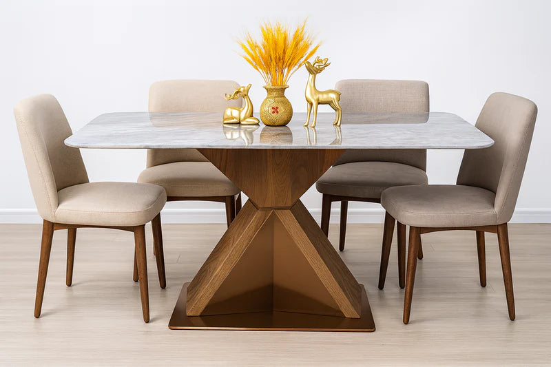 Close-up view of Super-Crystalline Marble Dining Table base with geometric solid-and-engineered wood structure and stainless-steel reinforcement