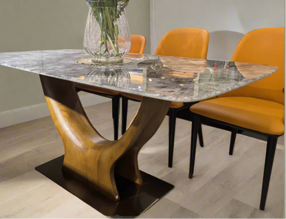 Close-up of U Shaped Super-Crystalline Marble Dining Table base, featuring ash veneer wood and stainless steel reinforcement for durability