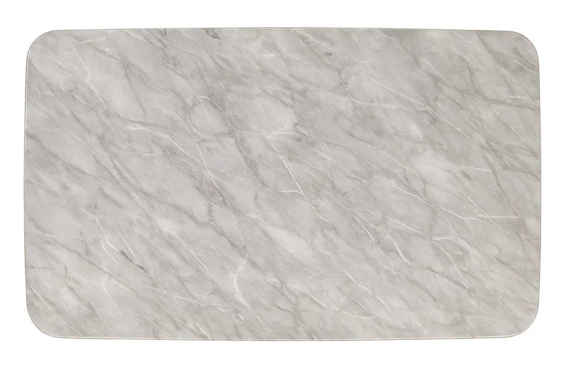 Angled view of luxury Super-Crystalline Marble Dining Table showing radiant marble shine and ash veneer wooden base
