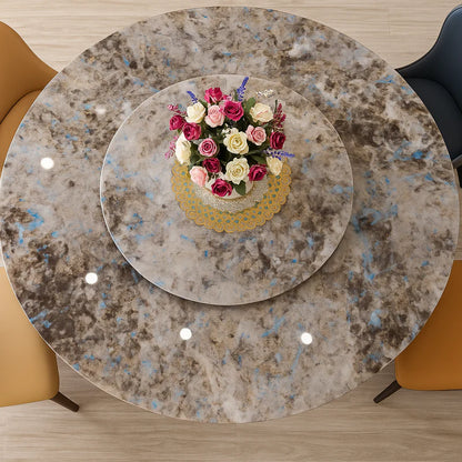 Close-up of Super-Crystalline Round Marble Dining Table base, showing ash veneer wood and stainless steel reinforcement for durability