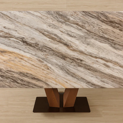 Front view of rectangular super-crystalline marble dining table with unique veining and V-shaped solid wood base