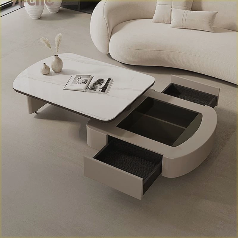 Modern coffee table with storage drawers in a living room setting