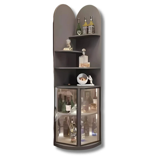 Corner bar cabinet with shelves and glass doors on a white background