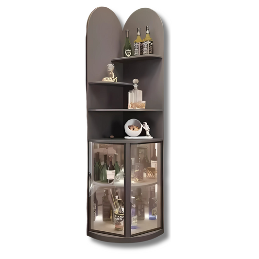 Corner bar cabinet with shelves and glass doors on a white background