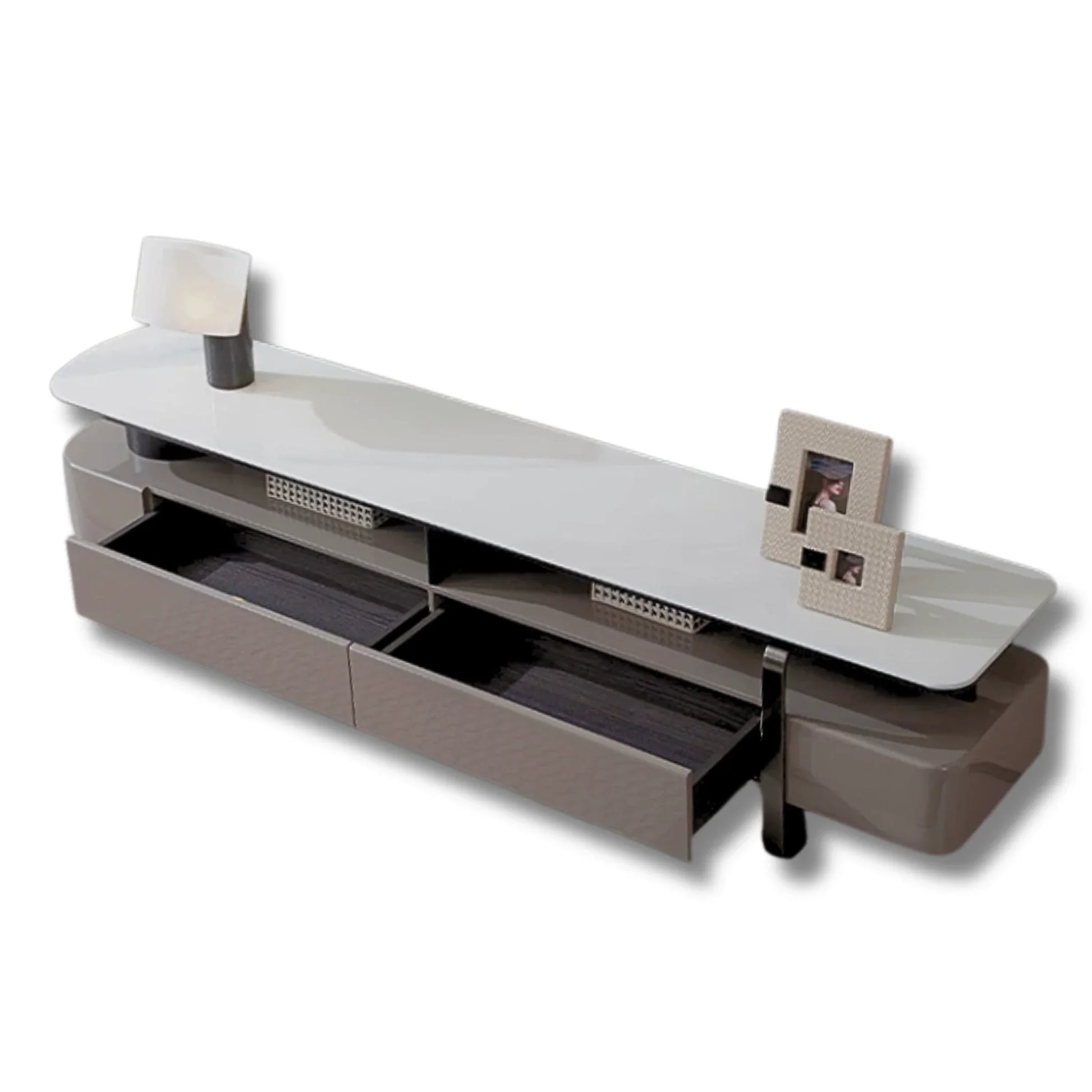 Modern TV stand with a white top and brown base on a white background