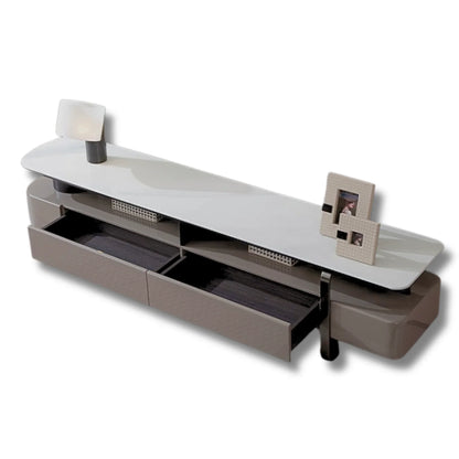 Modern TV stand with a white top and brown base on a white background