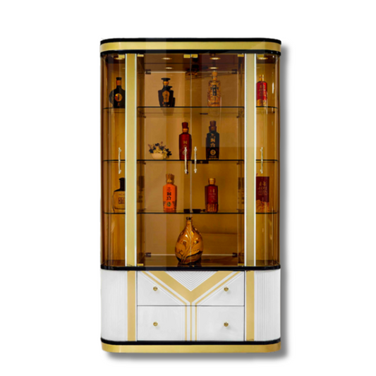 Decorative cabinet with glass shelves displaying bottles on a white background