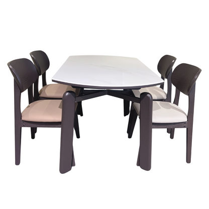Dining table set with six chairs on a white background