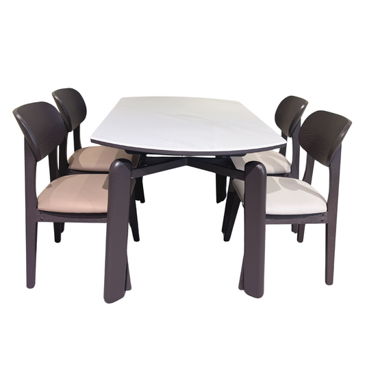 Dining table set with six chairs on a white background