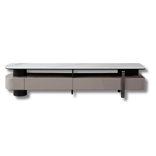 Modern TV stand with a glass top on a white background