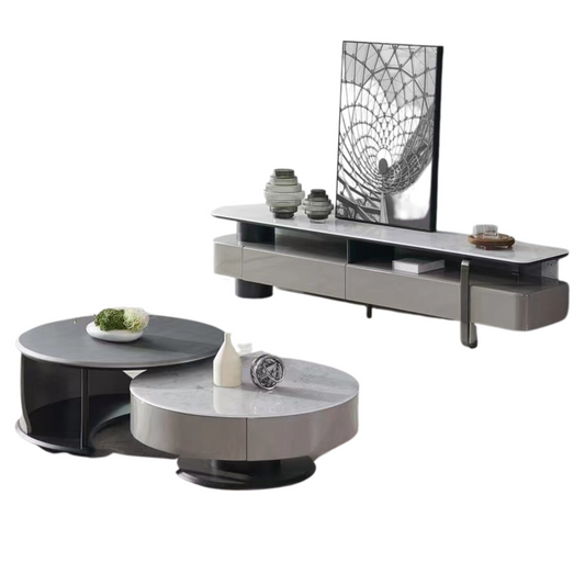 Modern living room furniture set with round coffee table and long TV stand against a white background