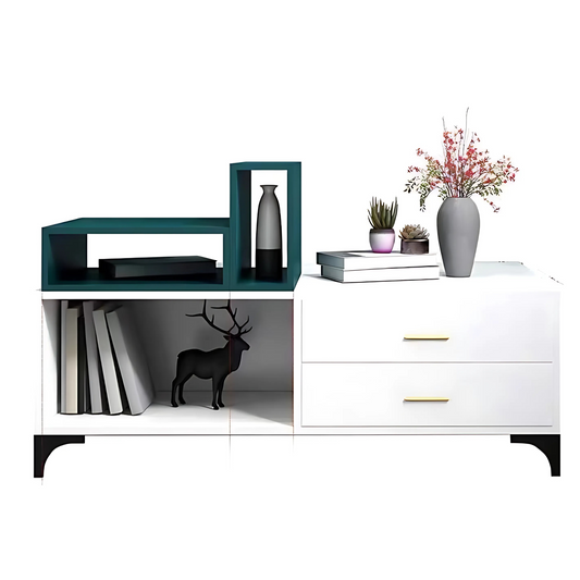 White entertainment console with green top shelf and decorative items on a white background