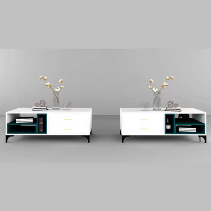 Two modern white entertainment consoles with green accents on a gray background