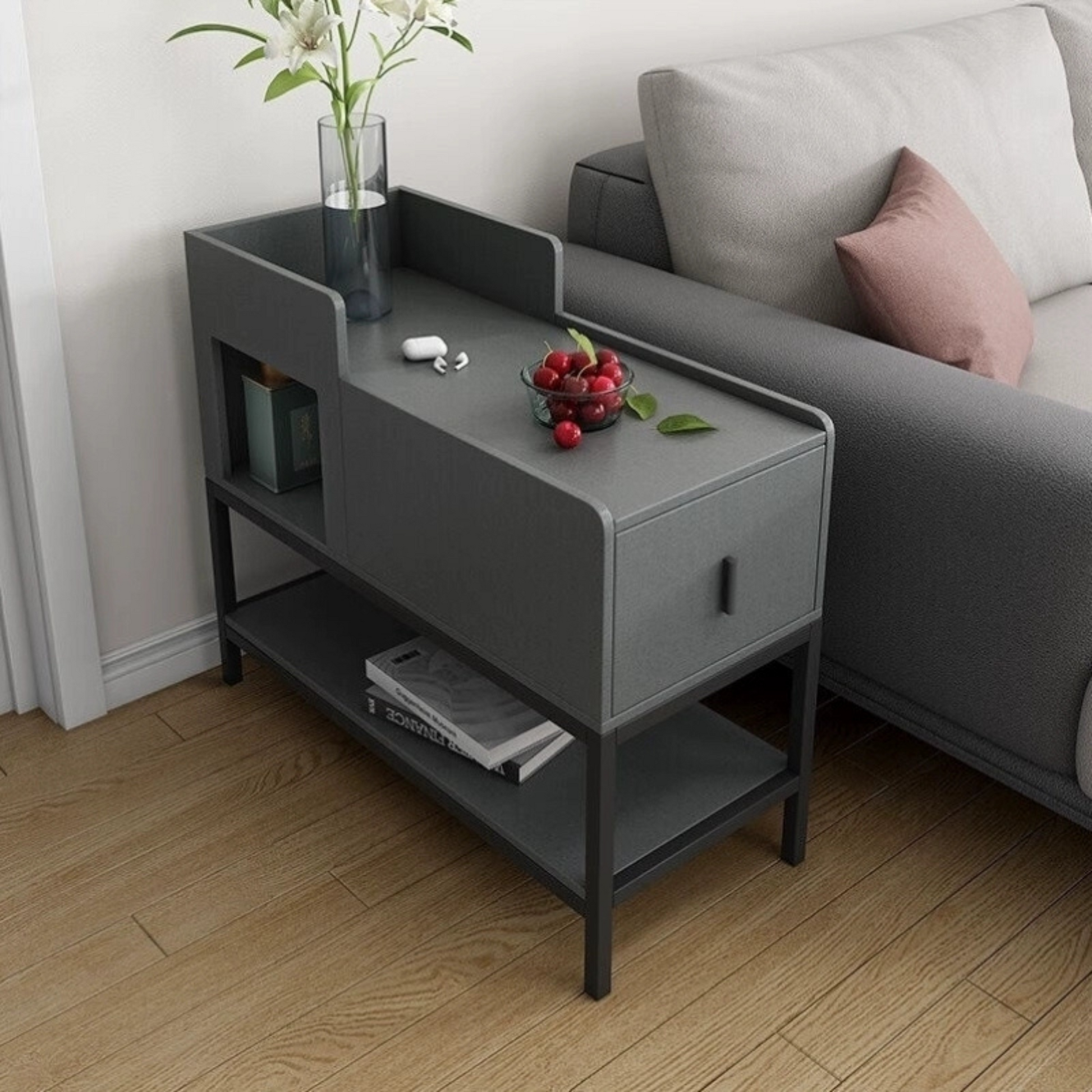 Modern dark grey side table with drawer and shelves