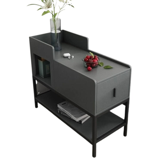 Modern dark grey side table with drawer and shelves