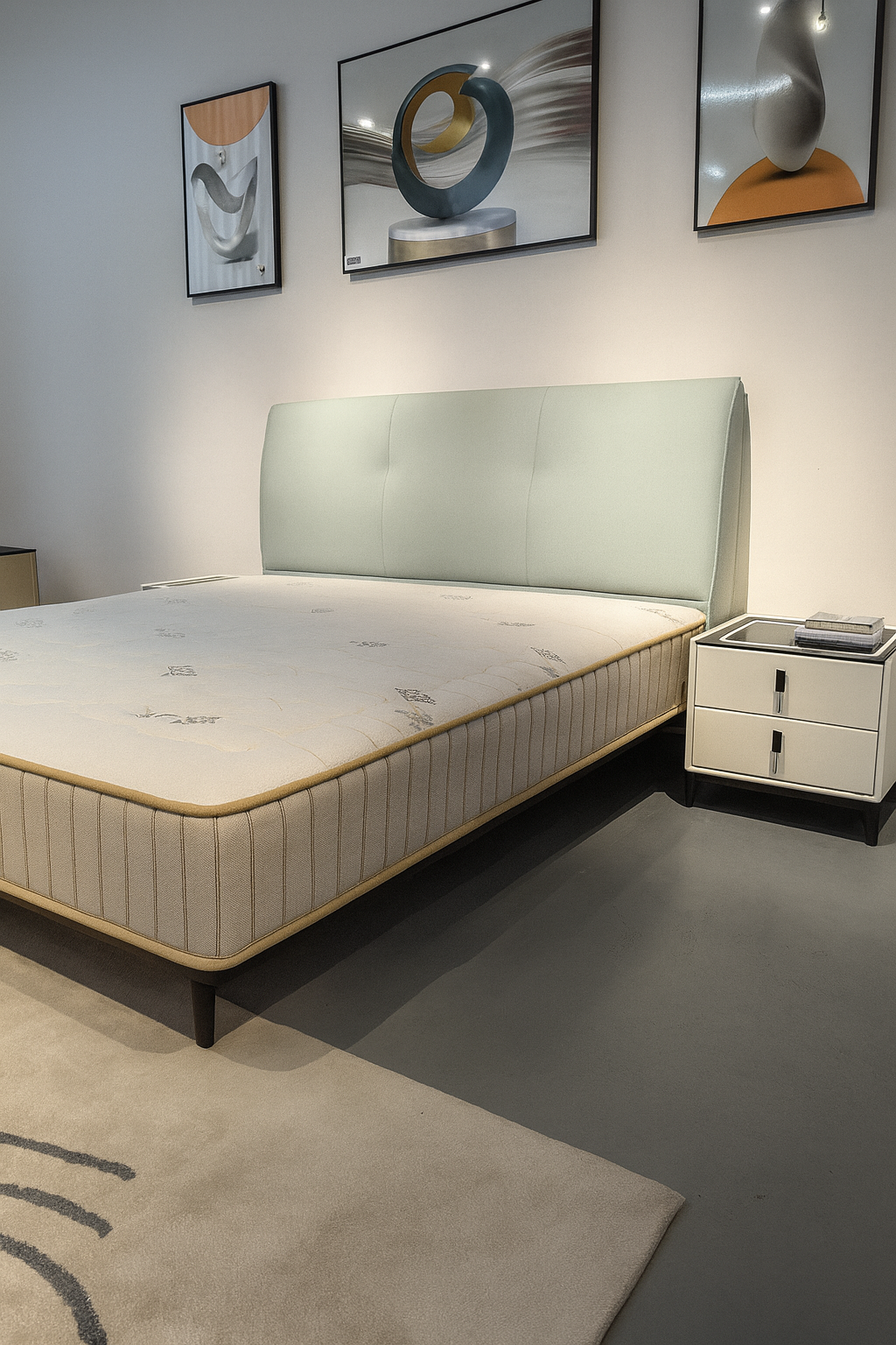 Modern pastel green upholstered bed with black legs
