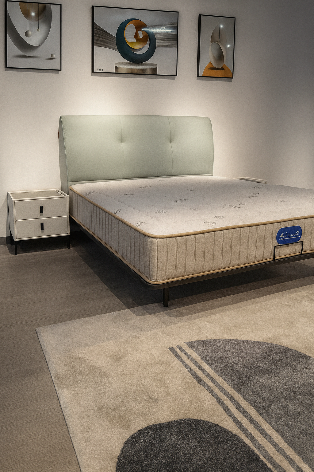 Modern pastel green upholstered bed with black legs