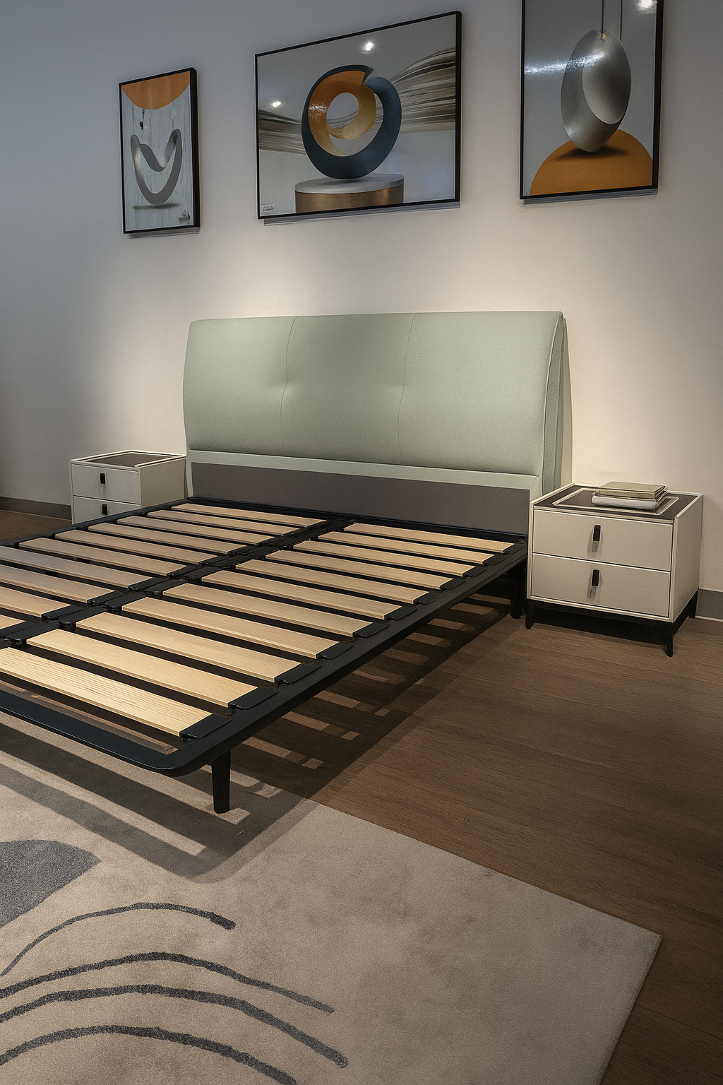 Modern pastel green upholstered bed with black legs