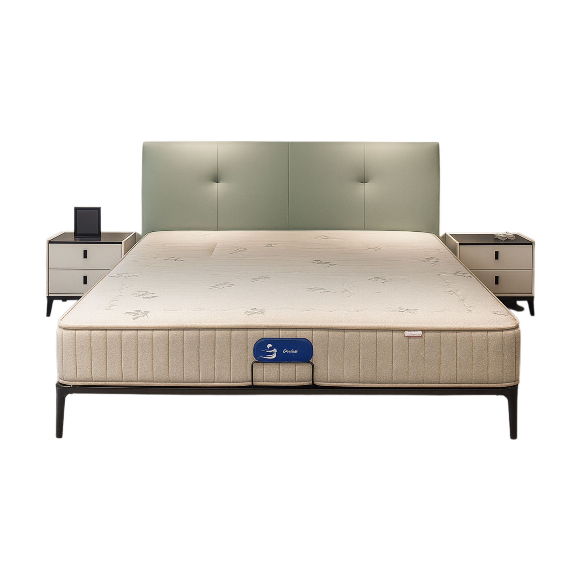 Modern pastel green upholstered bed with black legs