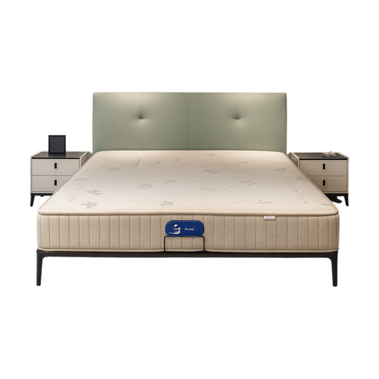 Modern pastel green upholstered bed with black legs