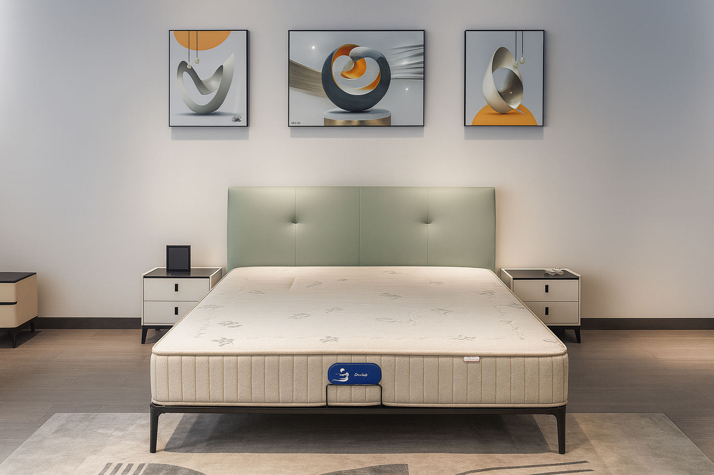 Modern pastel green upholstered bed with black legs