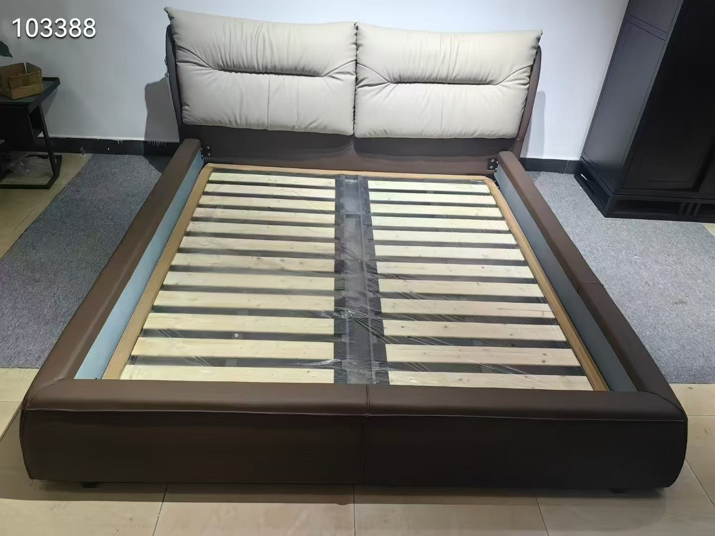 Modern upholstered king bed with taupe beige fabric, walnut frame, and matching nightstands – Shangrila Decors
