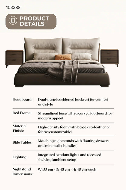 Modern upholstered king bed with taupe beige fabric, walnut frame, and matching nightstands – Shangrila Decors