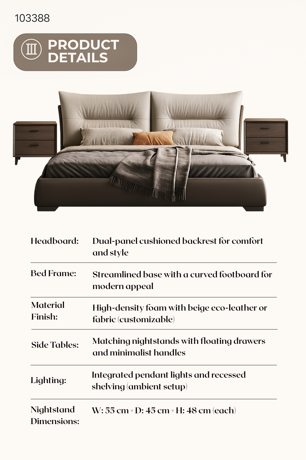 Modern upholstered king bed with taupe beige fabric, walnut frame, and matching nightstands – Shangrila Decors