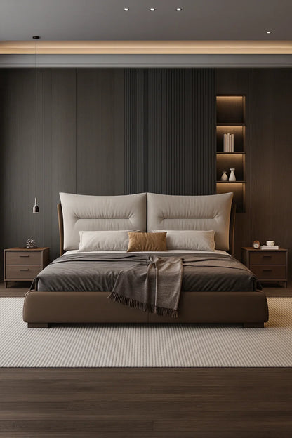 Modern Upholstered King Bed – Taupe & Walnut