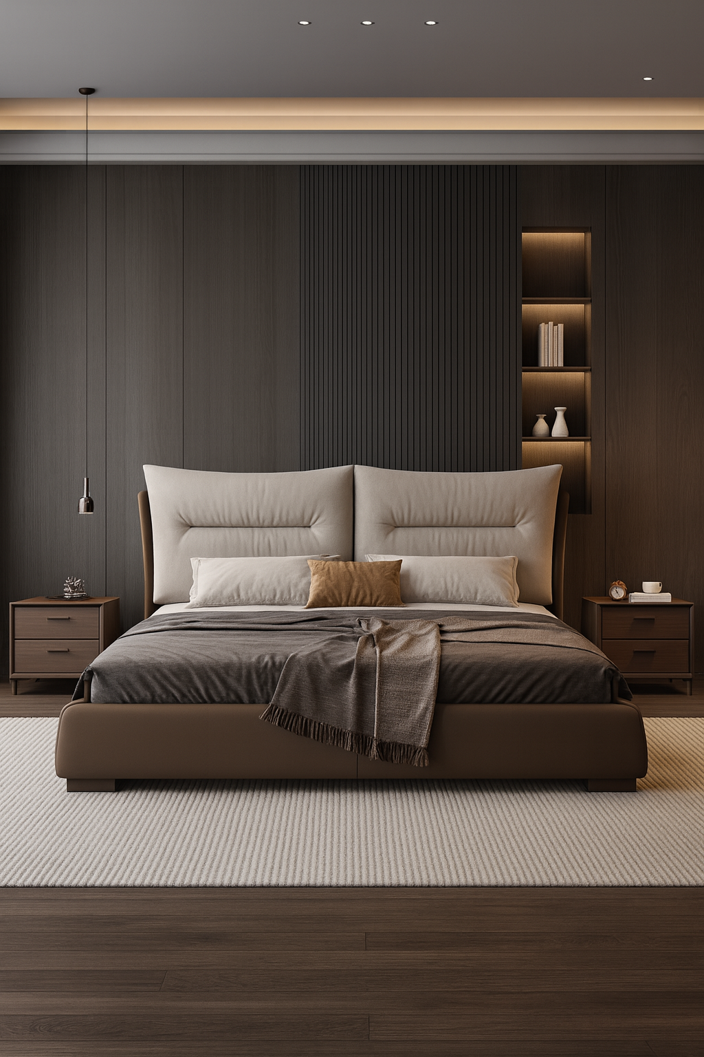 Modern Upholstered King Bed – Taupe & Walnut