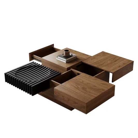 Modern wooden coffee table with storage compartments on a white background