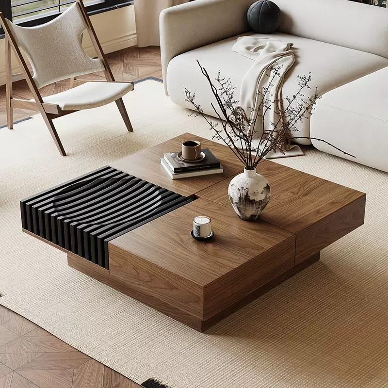 Wooden coffee table with decorative items in a living room setting