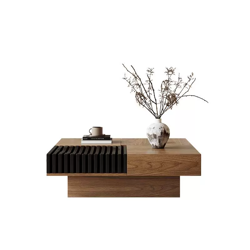 Wooden coffee table with decorative items on a white background