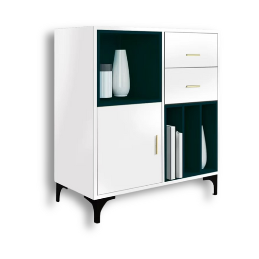 White cabinet with green interior on a white background