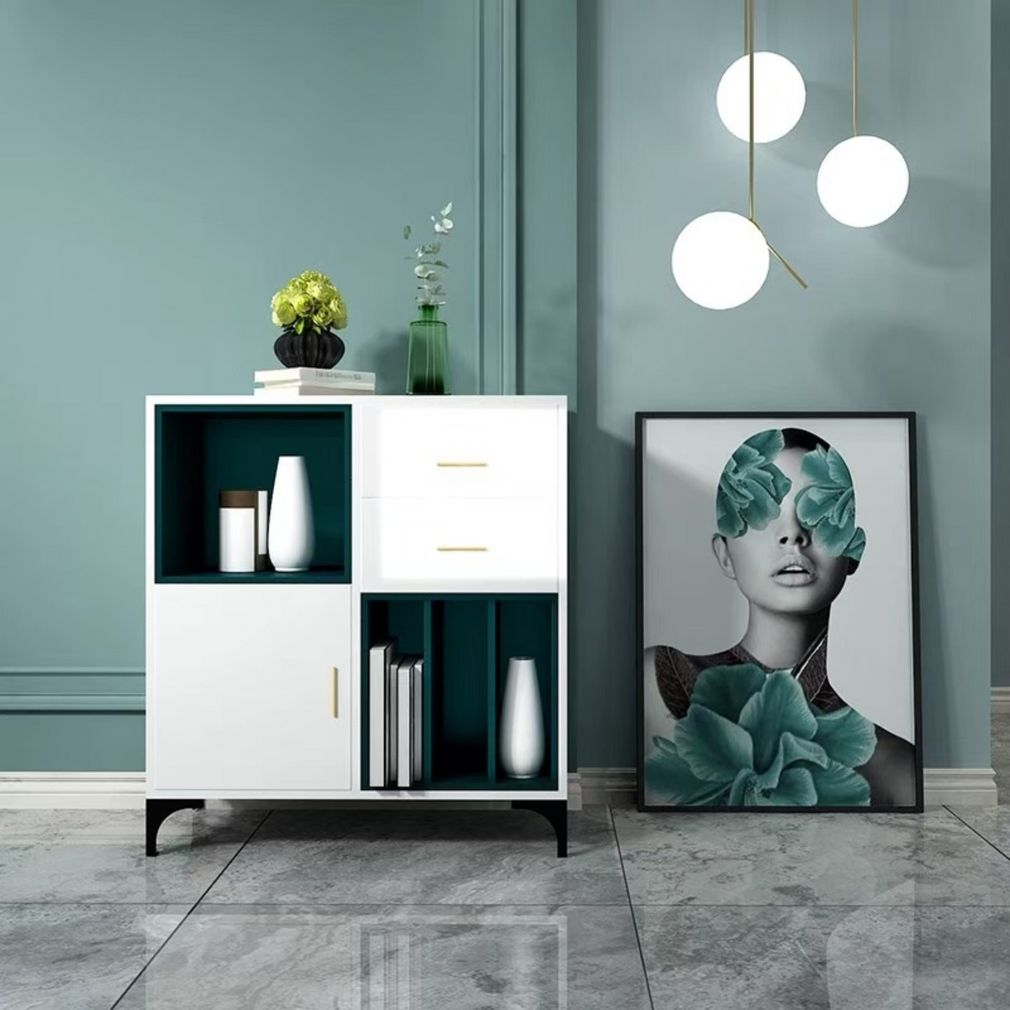 Modern interior with a white cabinet, decorative items, and a framed artwork on a gray wall.