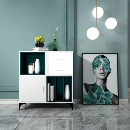 Modern interior with a white cabinet, decorative items, and a framed artwork on a gray wall.