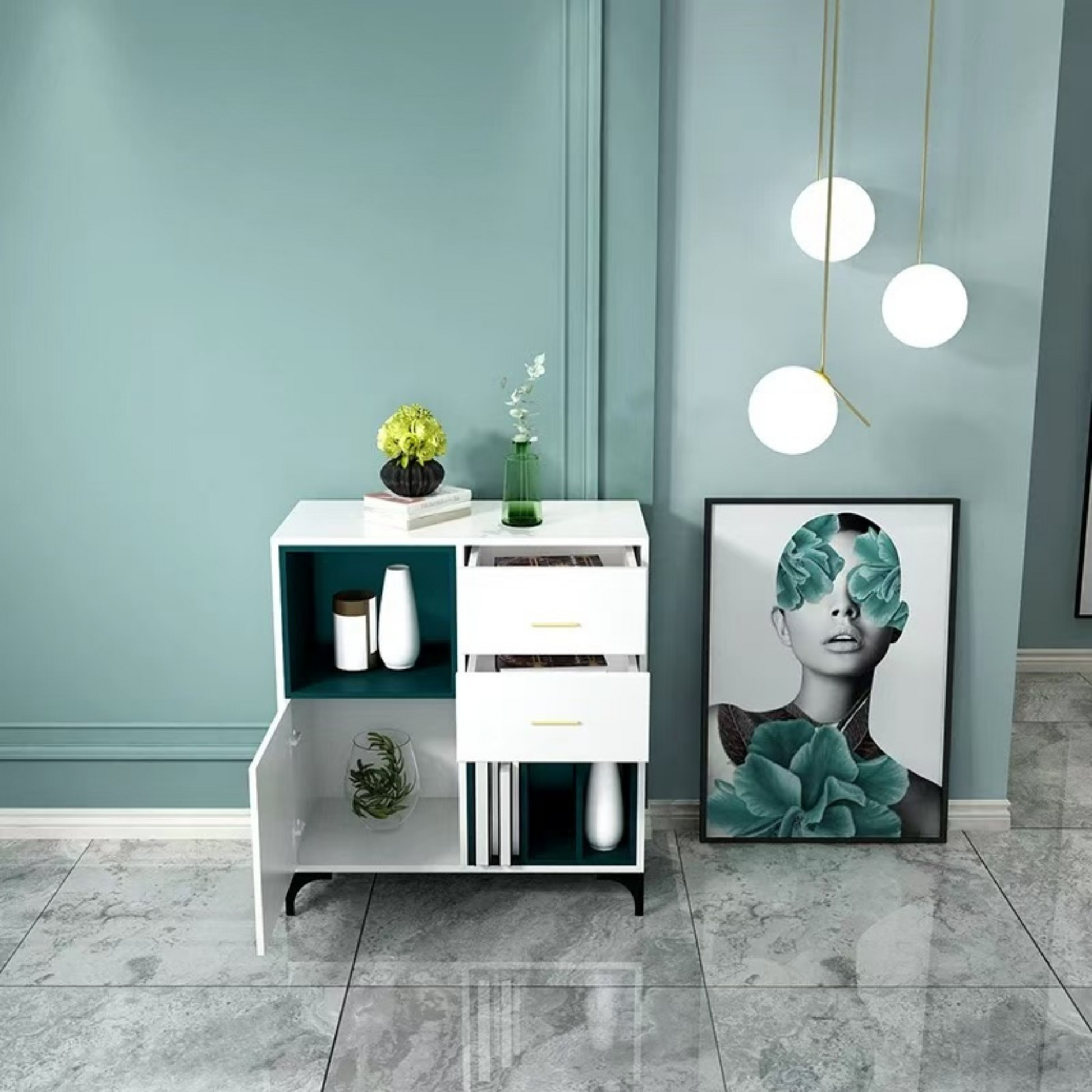 Modern interior with a white cabinet, decorative items, and a framed artwork on a teal wall.