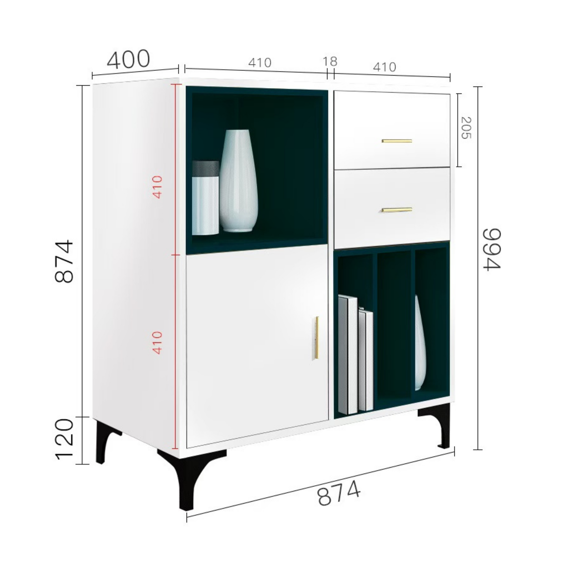 Dimensions of a white and green cabinet with measurements labeled