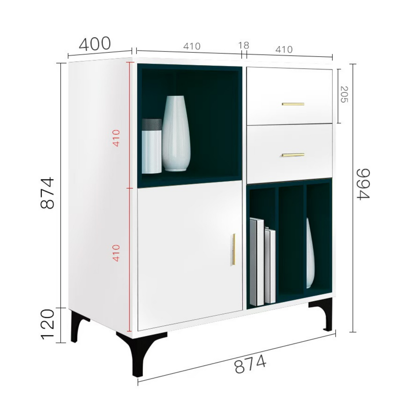 Dimensions of a white and green cabinet with measurements labeled
